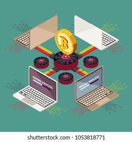 Mining cryptocurrency blockchain crypto money decorative elements isometric vector illustration