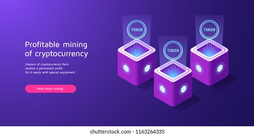 Mining of cryptocurrency, Blockchain technology. Vector illustration of Token mining, concept of blockchain Equipment in Isometric style for Landing page. Purple, violet and blue colors