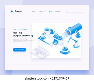 Mining cryptocurrency concept landing page header template. 3d isometric vector illustration.