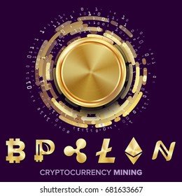 Mining Cryptocurrency Concept Vector. Bitcoin, Litecoin, Ethereum, Ripple, Namecoin, Peercoin. Futuristic Money. Fintech Blockchain. Cryptography, Financial Technology Illustration