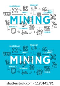 Mining of cryptocurrency, digital money outline icons. Blockchain and wallet, payment and data exchange, security and storage symbols. Cryptocurrency extraction technology, flat vector signs