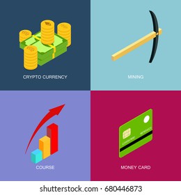 Mining of crypto-currency, isometric set of icons