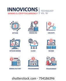 Mining and cryptocurrency - line design icons set. Bitcoin, mining rig, usd rate, cloud, income, factory, programming, programmer. High quality collection of blue, red images with description