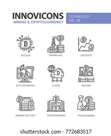 Mining and cryptocurrency - line design icons set. Bitcoin, mining rig, usd rate, cloud, income, factory, programming, programmer. High quality collection of blue, red images with description