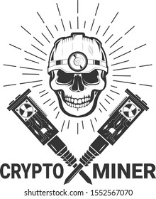Mining cryptocurrency logo, emblem. Hammers graphics cards, the skull in the helmet. retro-style.