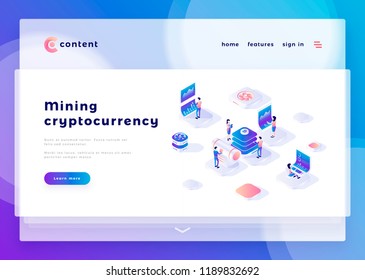 Mining cryptocurrency office people and interact with computers. Landing page template. 3d isometric vector illustration.