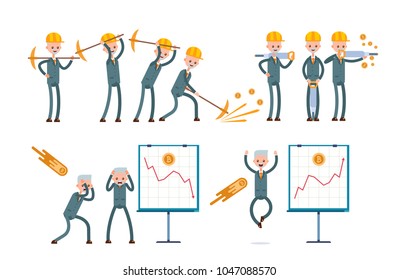 Mining of the cryptocurrency with a pick, a jackhammer. a graph of the growth and fall of the currency. elderly businessman. cartoon character set