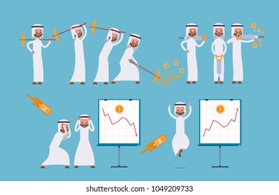 Mining of the cryptocurrency with a pick, a jackhammer. a graph of the growth and fall of the currency. Arab saudi businessman. cartoon character set