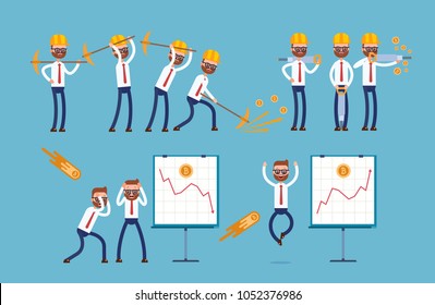 Mining of the cryptocurrency with a pick, a jackhammer. a graph of the growth and fall of the currency. businessman. cartoon character set