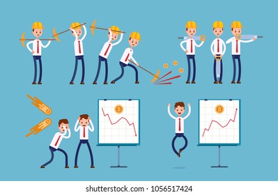 Mining of the cryptocurrency with a pick, a jackhammer. a graph of the growth and fall of the currency. businessman. cartoon character set