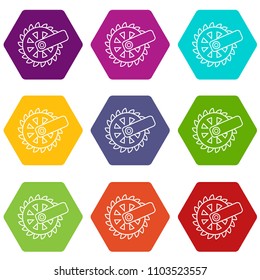 Mining cutting wheel icons 9 set coloful isolated on white for web
