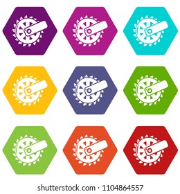 Mining cutting wheel icons 9 set coloful isolated on white for web