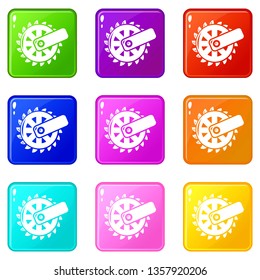 Mining cutting wheel icons set 9 color collection isolated on white for any design