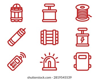 Mining and Demolition Explosives Red Line Icon Set