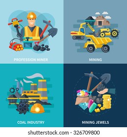 Mining design concept set with coal industry and professional miner flat icons isolated vector illustration