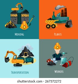 Mining design concept set with plants transportation and worker icons isolated vector illustration