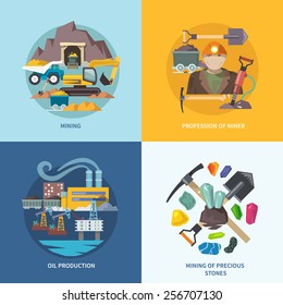 Mining design concept set with profession of miner oil production precious stones flat icons isolated vector illustration