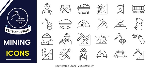 Mining and digging line icon, vector set. Mining icon set. Gold, diamond, coal wagon, oil, train, stone, editable stroke line icon. Vector illustration.