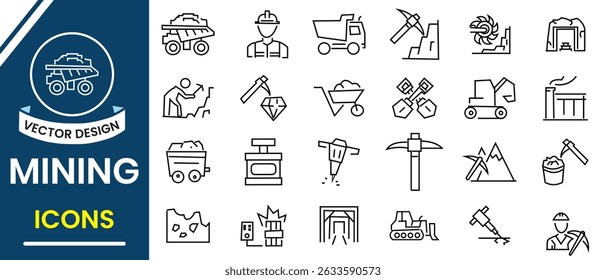 Mining and digging line icon, vector set. Mining icon set. Gold, diamond, coal wagon, oil, train, stone, editable stroke line icon. Vector illustration.