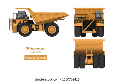 Mining dumper on white background. Back, side and front view. Heavy truck image. Industrial 3d drawing of cargo car. Diesel  automobile blueprint. Vector isolated illustration