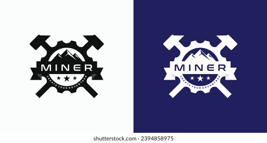 Mining emblem vector logo design with hammer and gears