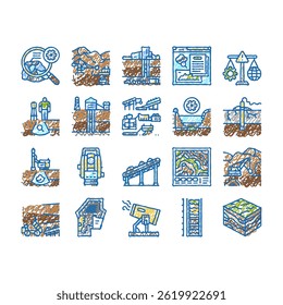 mining engineer geology doodle icons set vector. minerals excavation, drilling blasting, surveying safety, equipment, operations mining engineer geology sketch hand drawn