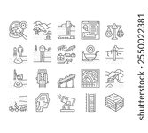 mining engineer geology icons set vector. minerals excavation, drilling blasting, surveying safety, equipment, operations mining engineer geology black contour illustrations