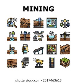 engenharia de mineração geologia ícones definir vetor. minérios escavação, perfuração de jateamento, segurança de levantamento, equipamentos, operações geologia engenharia de mineração linha de cor ilustrações