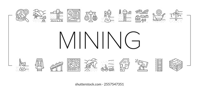 mining engineer geology icons set vector. minerals excavation, drilling blasting, surveying safety, equipment, operations mining engineer geology black contour illustrations