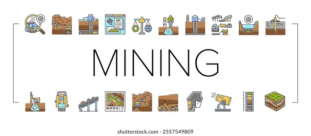 mining engineer geology icons set vector. minerals excavation, drilling blasting, surveying safety, equipment, operations mining engineer geology color line illustrations