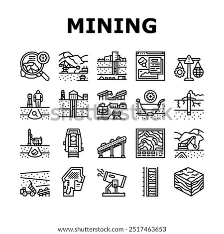 mining engineer geology icons set vector. minerals excavation, drilling blasting, surveying safety, equipment, operations mining engineer geology black contour illustrations