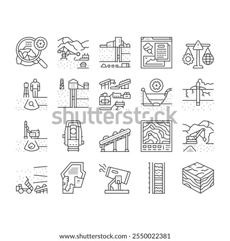 mining engineer geology icons set vector. minerals excavation, drilling blasting, surveying safety, equipment, operations mining engineer geology black contour illustrations