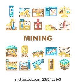 iconos de la industria de ingeniería de minería de datos establecen vector. carbón minero, maquinaria de equipo, trabajo, ingeniería de seguridad de trabajadores de tecnología de minería de datos ilustraciones de la línea de color de la industria