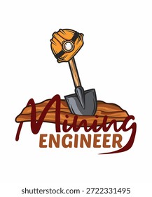Mining Engineer Logo-Design. Schaufel im Boden mit Sicherheitshelm-Symbol. Emblem für professionelle Industriearbeiter.