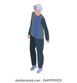Mining engineer is standing in protective clothing with a headlamp on his head