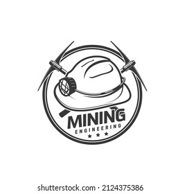 Mining and engineering icon of mine industry, vector emblem of miner hat and pickaxe. Coal or ore mining or quarry excavation factory sign with miner work tools, crossed pickaxe and hardhat with lamp