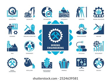 Mining Engineering icon set. Surveying, Metallurgy, Engineering, Exploration, Mine, Geotechnical, Iron Ore, Explosives. Duotone color solid icons