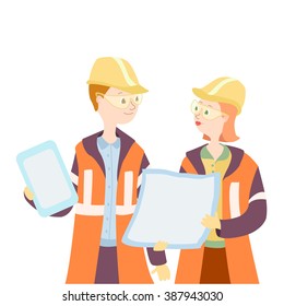 Mining engineers in costume, hard hat and eyeglasses, with map and tablet. Isolated on transparent background. Mine workers.