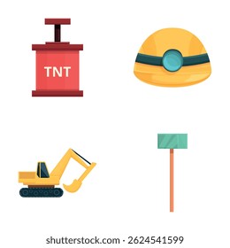 Mining equipment icons set cartoon vector. Mining equipment and gold nugget. Goldmine