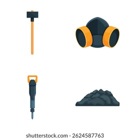 Mining equipment icons set for extraction and construction industry in flat design vector illustration. Includes tools such as sledgehammer, jackhammer, and respirator for safety in coal mining