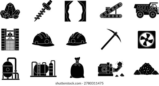 Mining equipment industry tool icons collection in simple black style