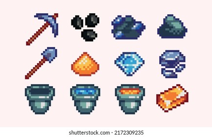 Equipo de minería y juego de píxeles de producción. Recogida, pala, minerales, diamante, mineral, colecta de líquidos. Cubo vacío completo. Sprite de 8 bits. Desarrollo de juegos, aplicación móvil.  Ilustración vectorial aislada.