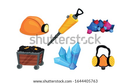 Mining Equipment and Tools with Helmet and Protective Mask Vector Set