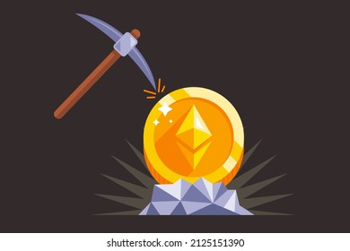 mining Ethereum using mining. the pickaxe hits the ethereum coin. flat vector illustration. svg