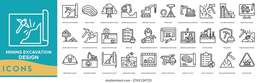 Mining Excavation Design Icon set. Open Pit Mining, Underground Mining Tunnel, Quarry Excavation Site, Drill Machine, Survey Point and Mining Excavator