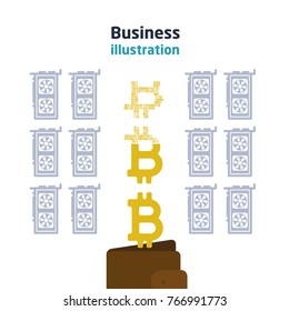 Mining, extraction, creation of a crypto currency, accumulation in a purse. Bitcointh. Mining the farm. Vector illustration.