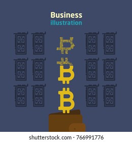 Mining, extraction, creation of a crypto currency, accumulation in a purse. Bitcointh. Mining the farm. Vector illustration.