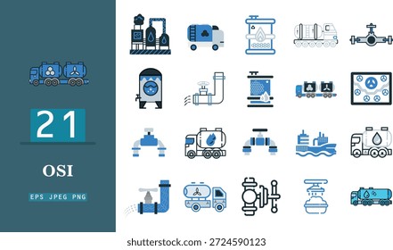 Abbau- und Extraktionsvektorsymbole. Ikonenpackung zum Thema Öl und Gas mit Offshore-Plattformen, Pumpenzylindern, Raffinerietanks und Bohrmaschinen in modernem Flachdesign.