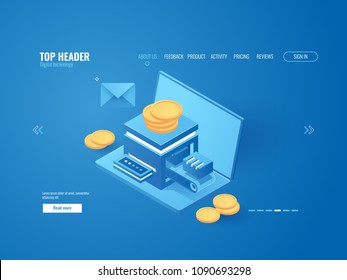 Mining Factory, Laptop With Mini Farm, Automated Payment System, Online Banking Money Tranzaction Isometric Vector On Blue Background