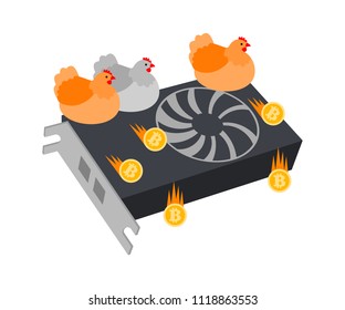 Mining farm and chickens carry bitcoins, illustration. Bitcoin mine and video card for production cryptocurrency and blockchain, vector design and icon